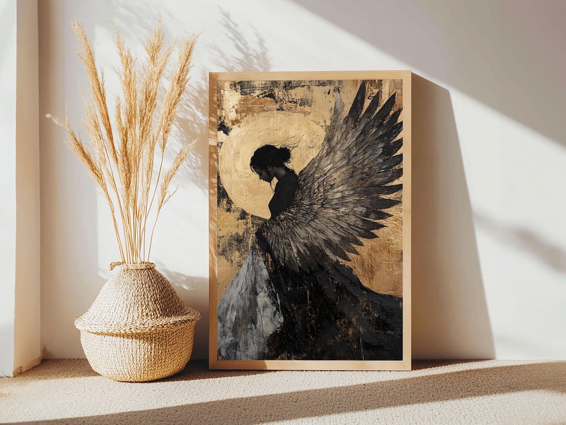 Dark Angel Silhouette Gold Moon Gothic Angel Wings Art Print - Image 6