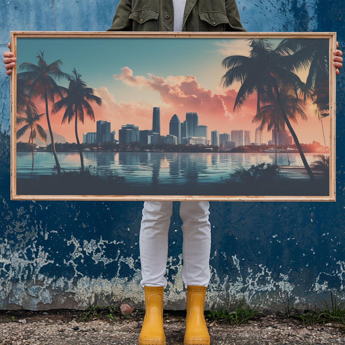 Miami Skyline Sunrise Palm Trees Cityscape Over Water Travel Poster - Image 6