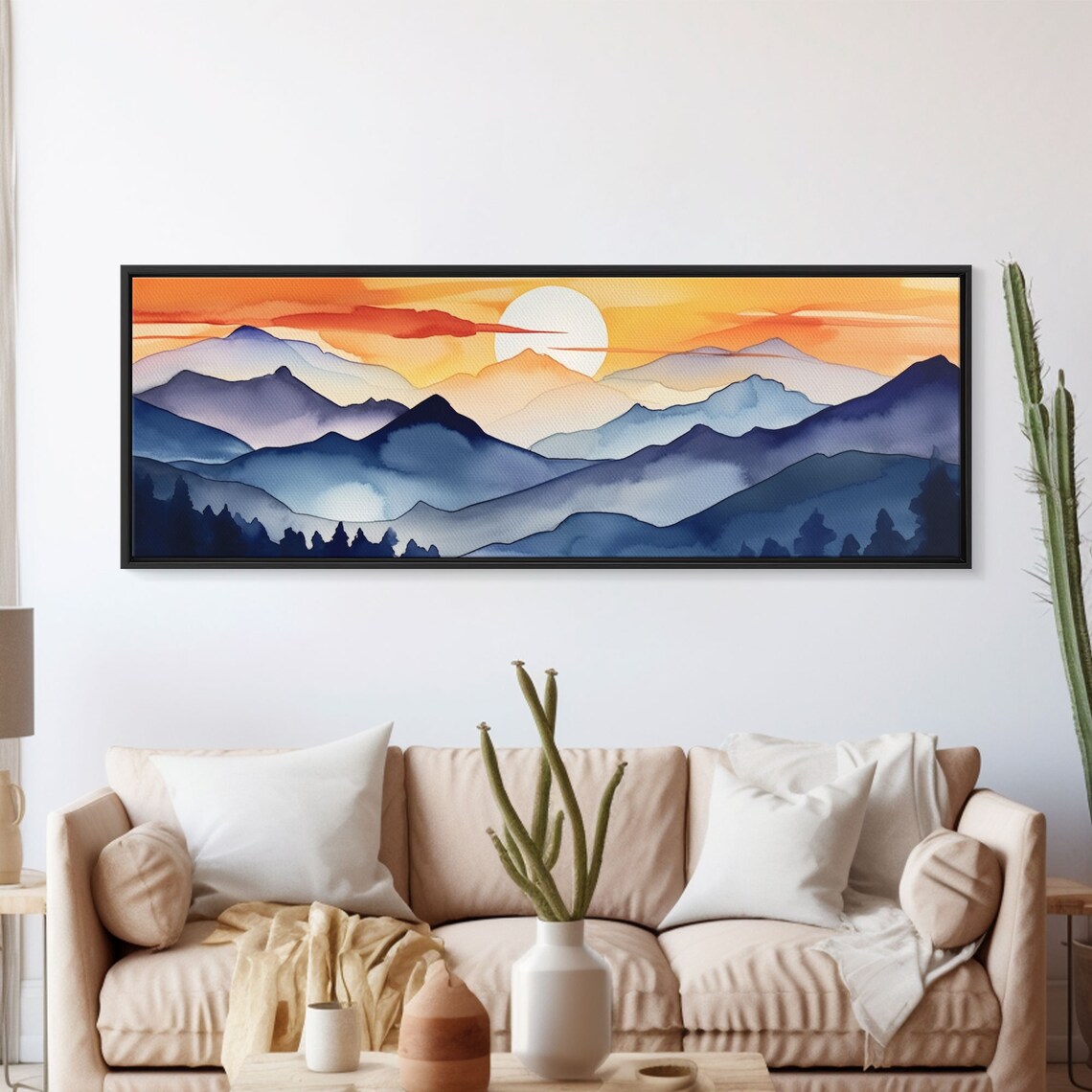 Mid-Century Modern Mountain Sunset Art Print, Panoramic