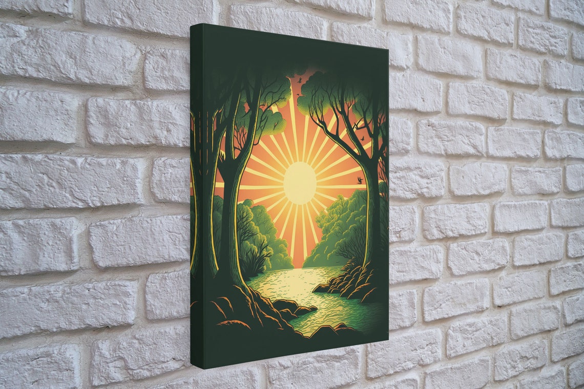 Retro Sunrise Radiant Sunburst Through Trees River Landscape Poster - Image 4