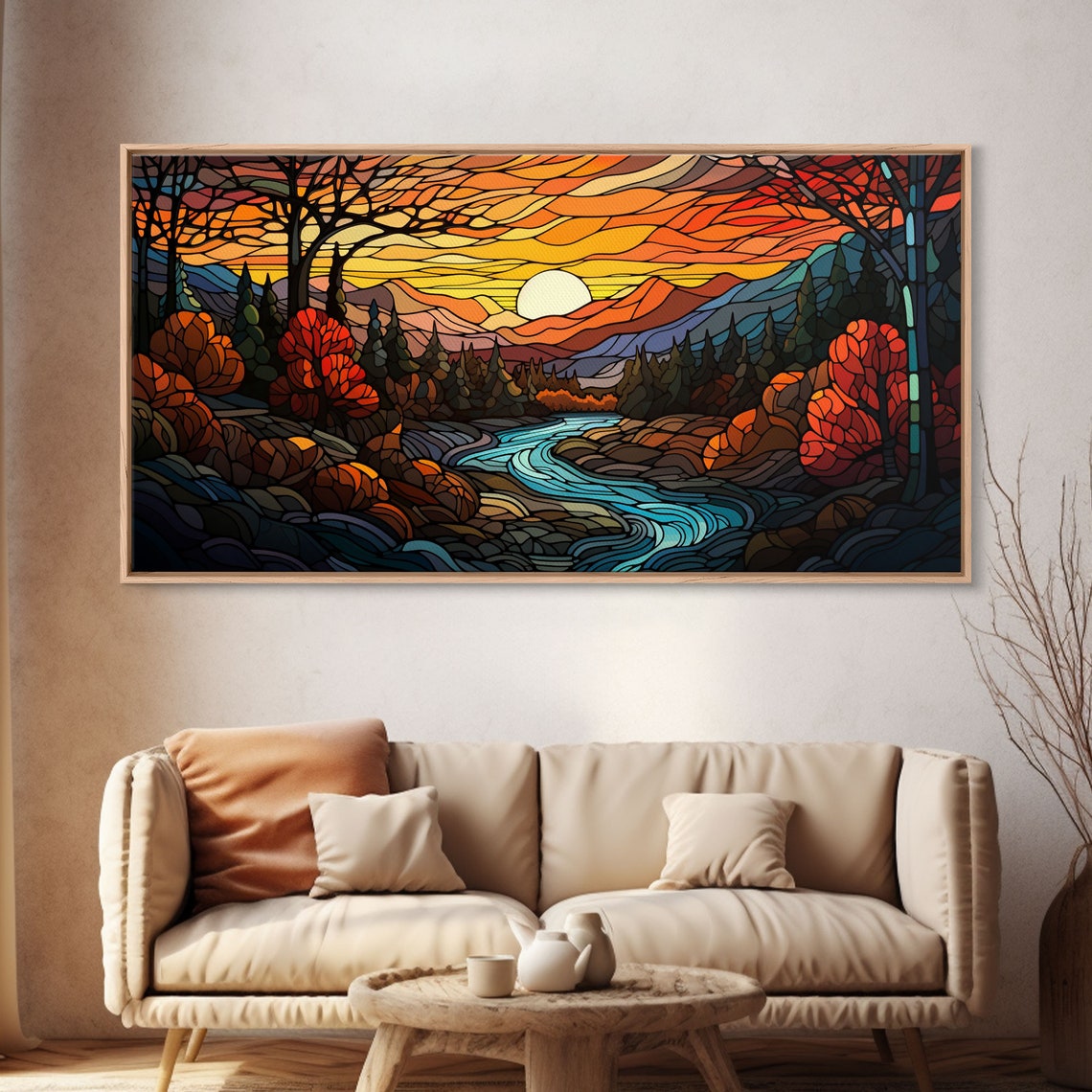 Stained Glass Style Sunset River Mountains Fall Landscape Poster - Image 4