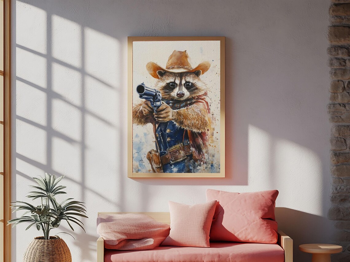 Cowboy Raccoon Holding Revolver Funny Western Animal Watercolor Print - Image 3