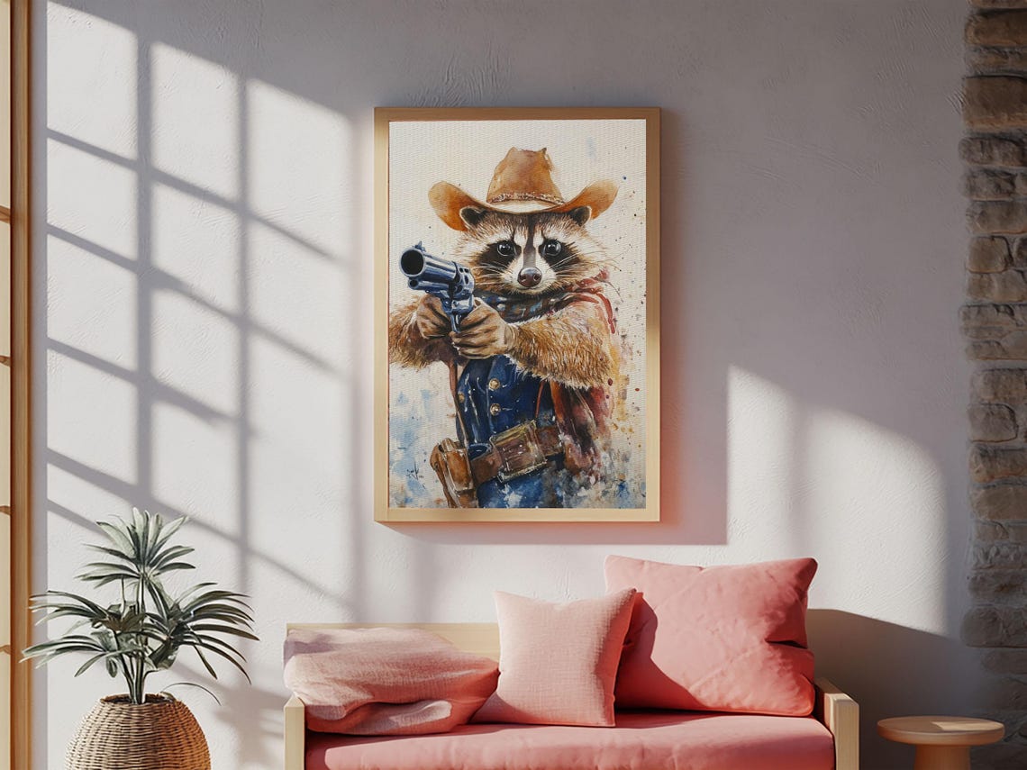 Rootin Tootin Racoon Cowboy Framed Print Ready To Hang Racoon Painting - Image 3