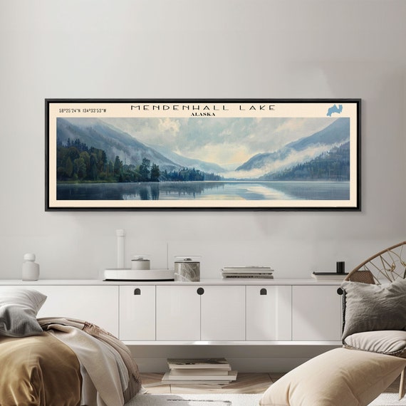 Mendenhall Lake Alaska Framed Print Lake House Decor Panoramic Wall Art Travel Poster Scenic Landscape Painting Contemporary Art