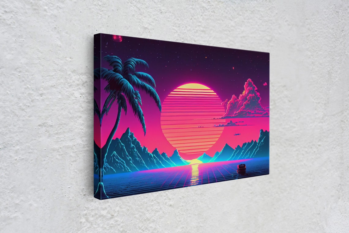 Retro Outrun Style Palm Trees And Sunset Framed Print Wireframe Lake And Mountain Vista - Image 4