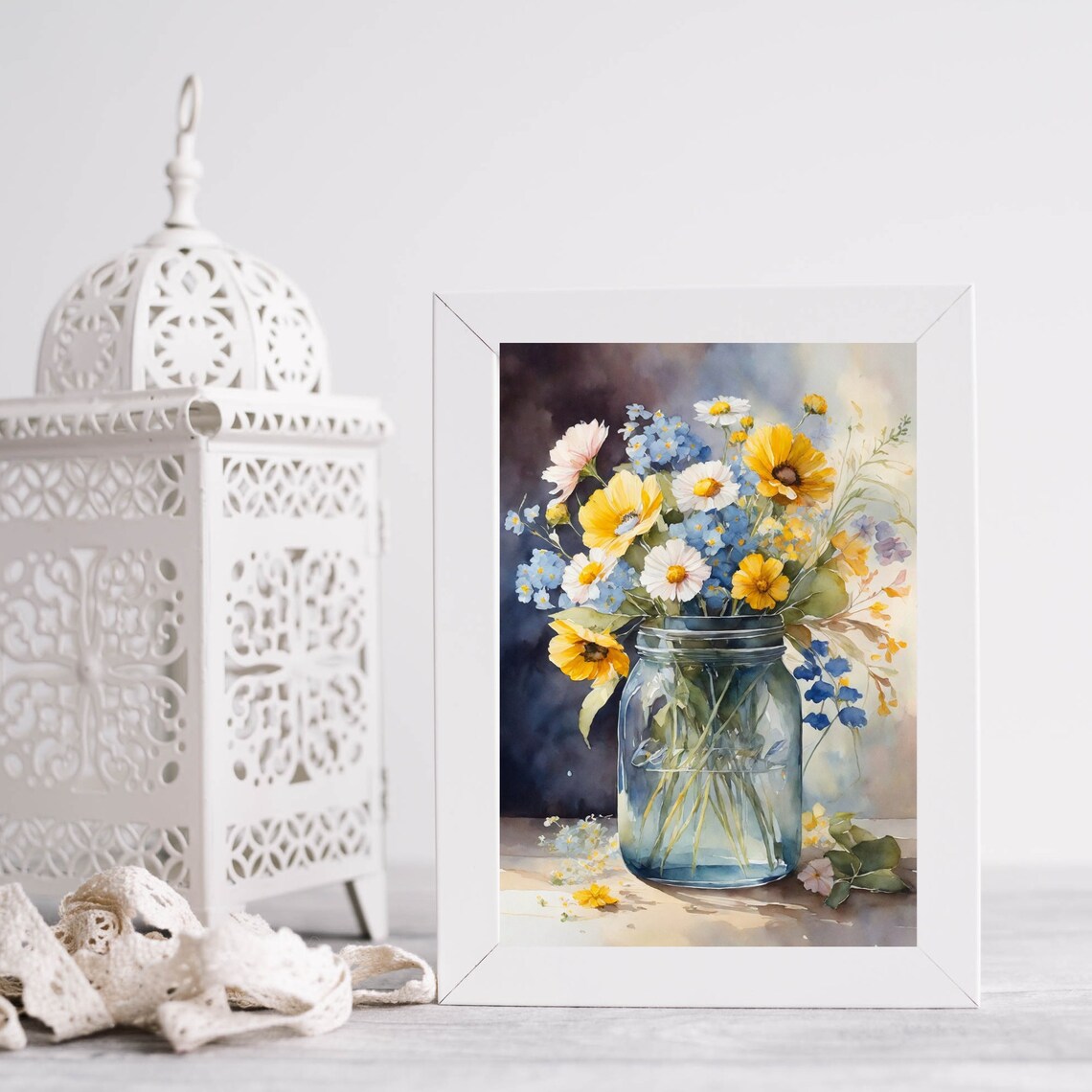Blue and Yellow Wildflowers Glass Jar Floral Watercolor Art Poster - Image 3
