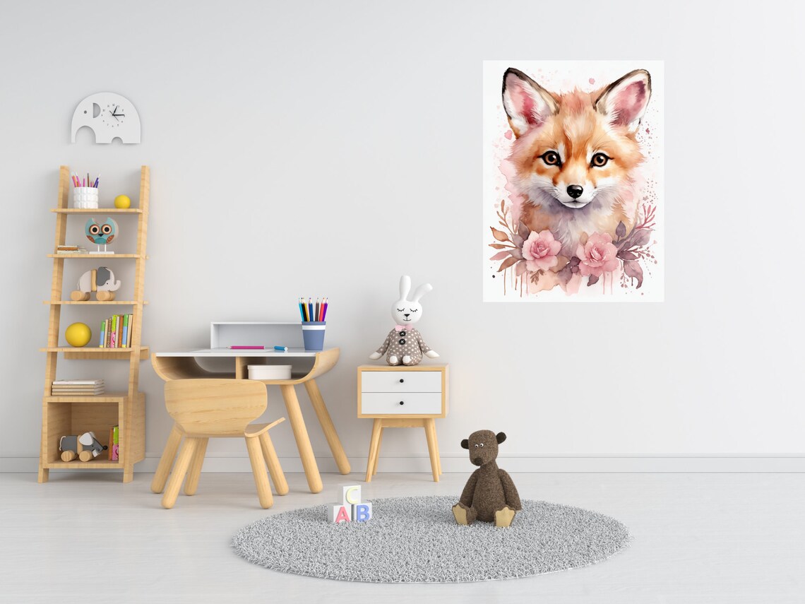 Baby Fox Portrait Pink Roses Watercolor Nursery Animal Poster - Image 3