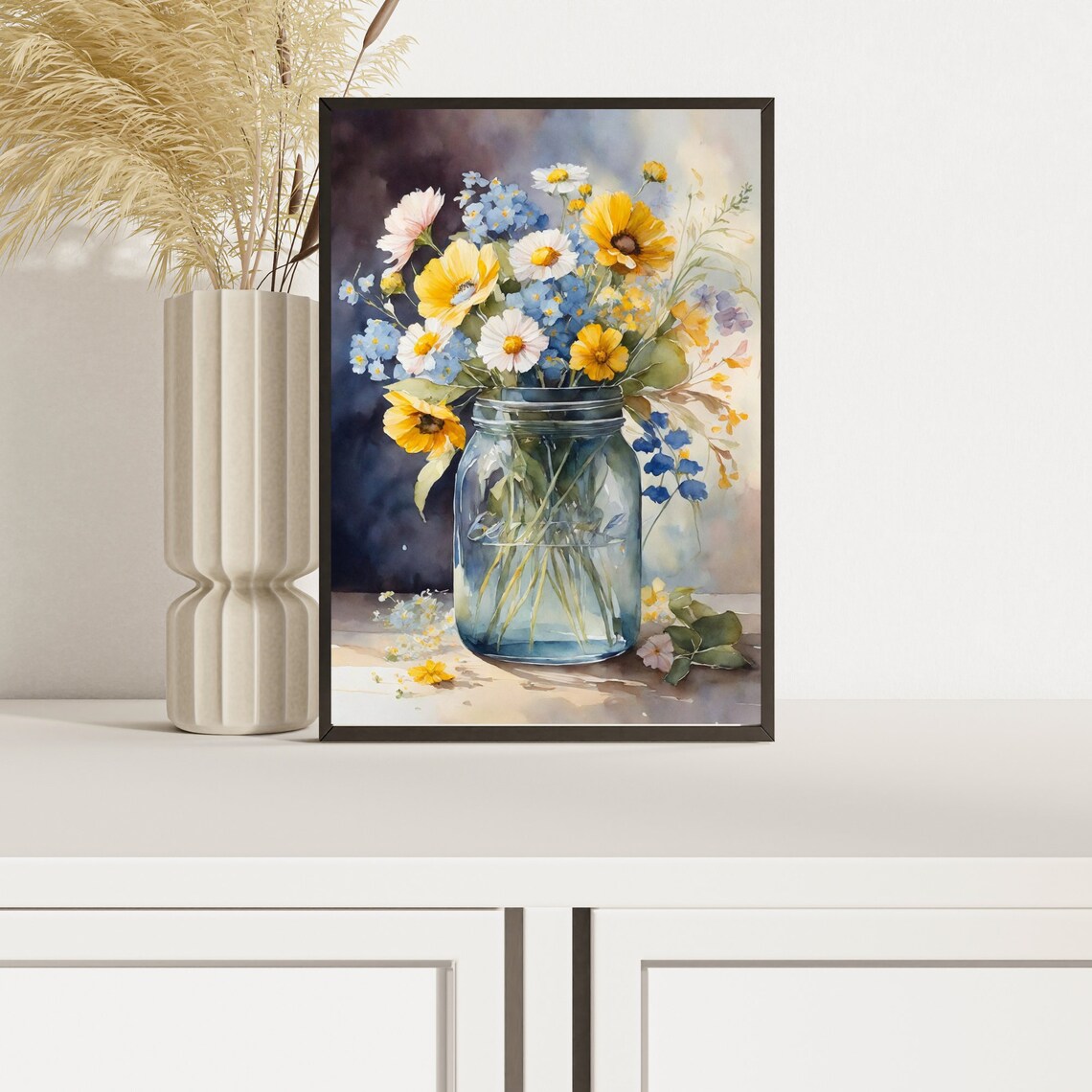 Blue and Yellow Wildflowers Glass Jar Floral Watercolor Art Poster - Image 2
