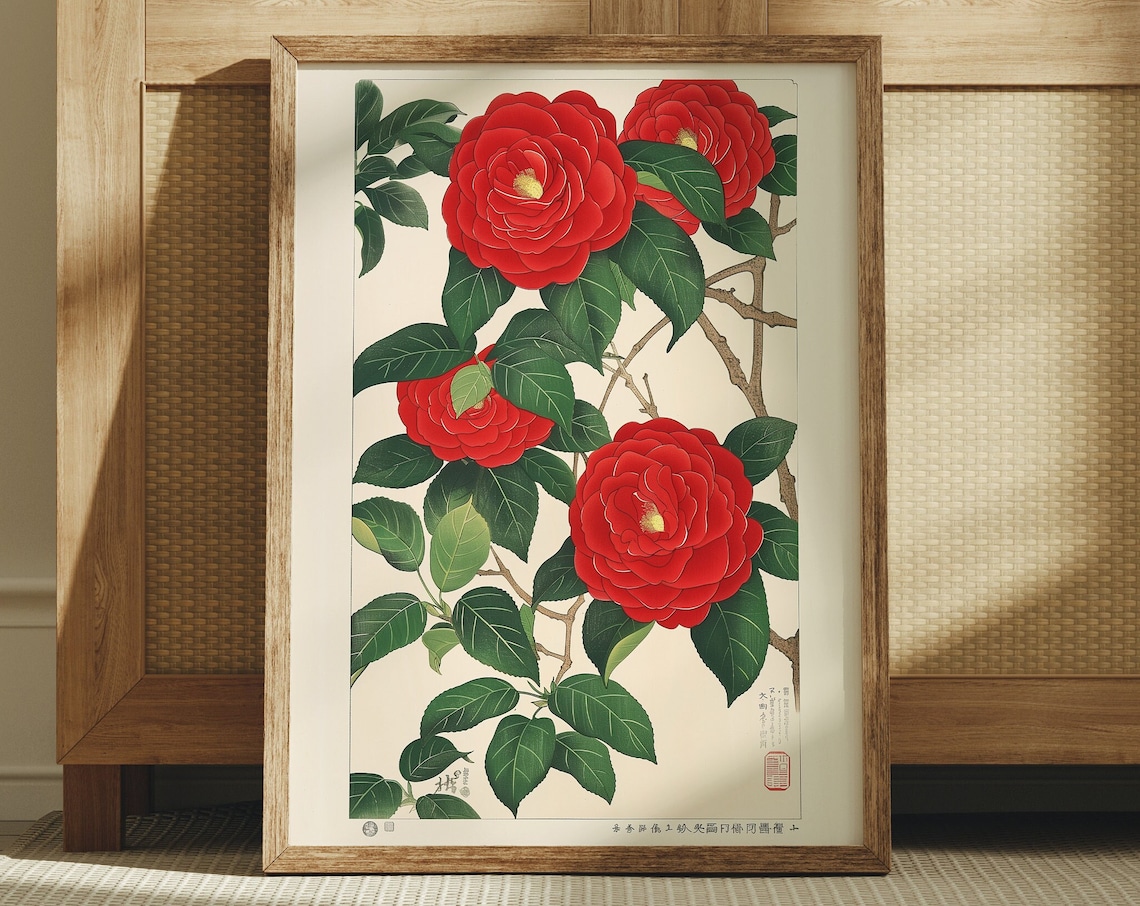 Japanese Red Flowers Poster, Traditional Wall Art Print