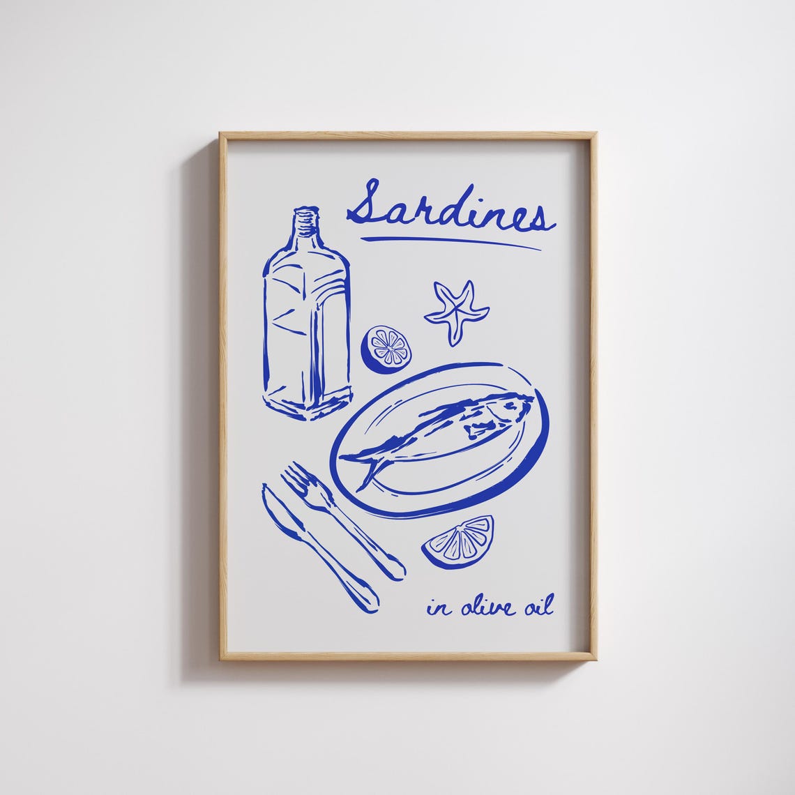 Sardines in Olive Oil Kitchen Still Life Blue Line Art Poster
