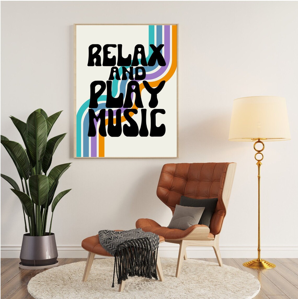 Relax And Play Music Retro Groovy Wavy Stripes Music Room Wall Art - Image 2