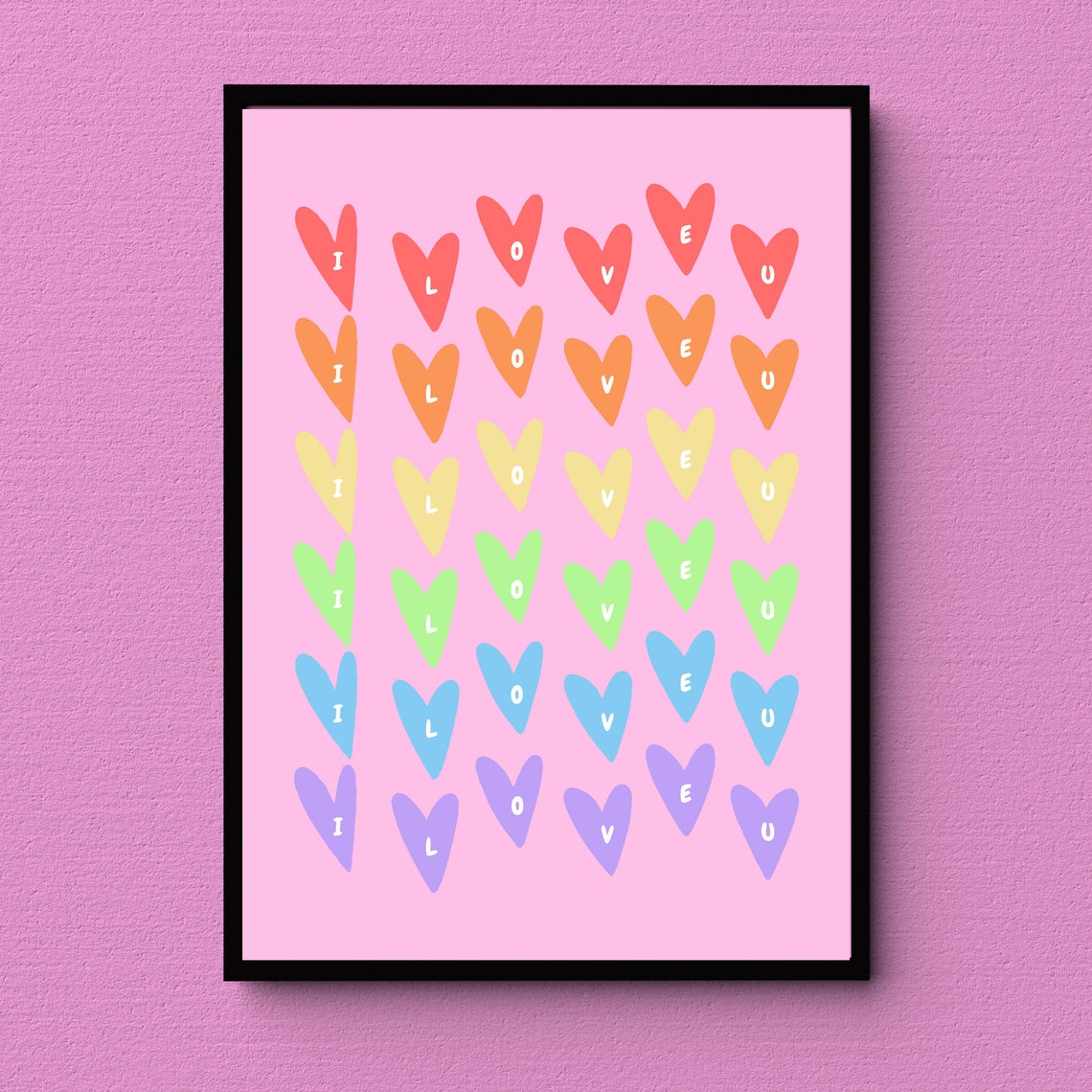 I Love U Rainbow Hearts Pink Valentines Day Love Wall Decor Poster - Image 2