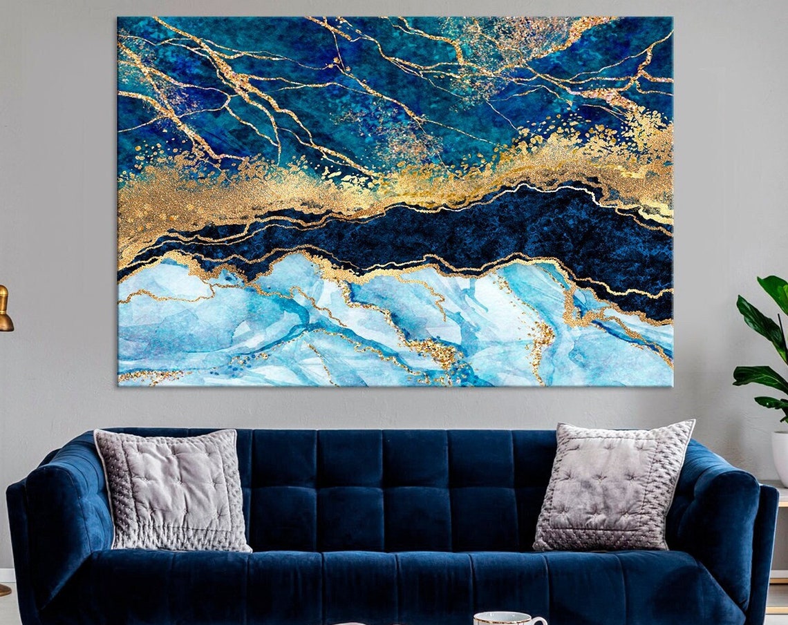 Deep Blue Gold Marble Abstract Swirls Luxury Modern Living Room Poster