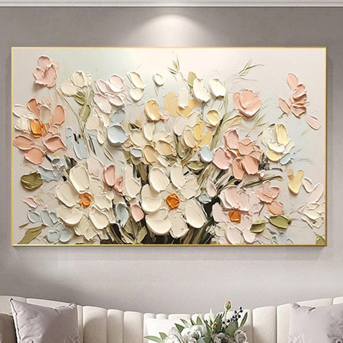 Pastel Cream Petals Bouquet Textured Painting Framed Floral Wall Art