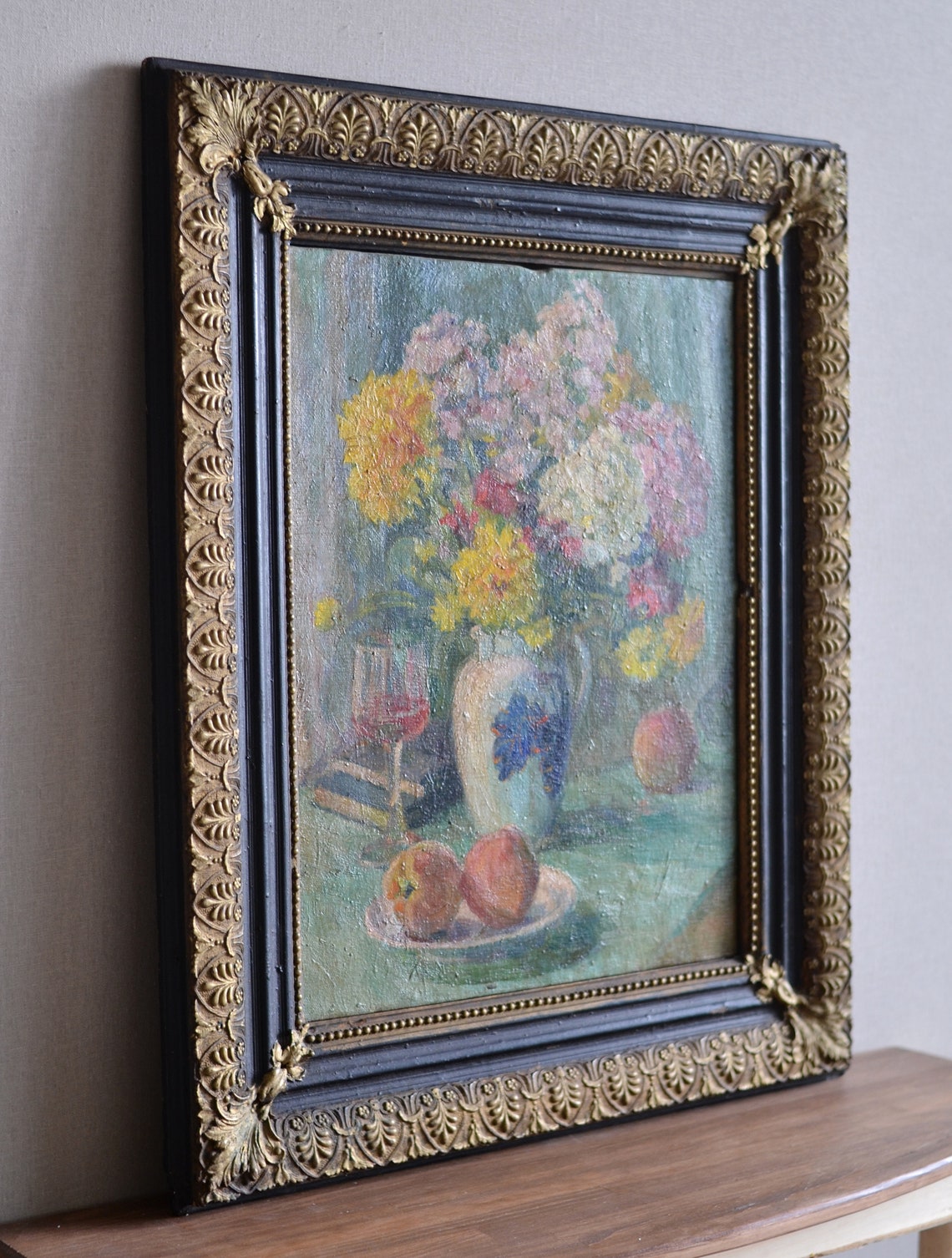 Antique Kitchen Still Life Flower Bouquet Peaches Wine Glass Print - Image 3