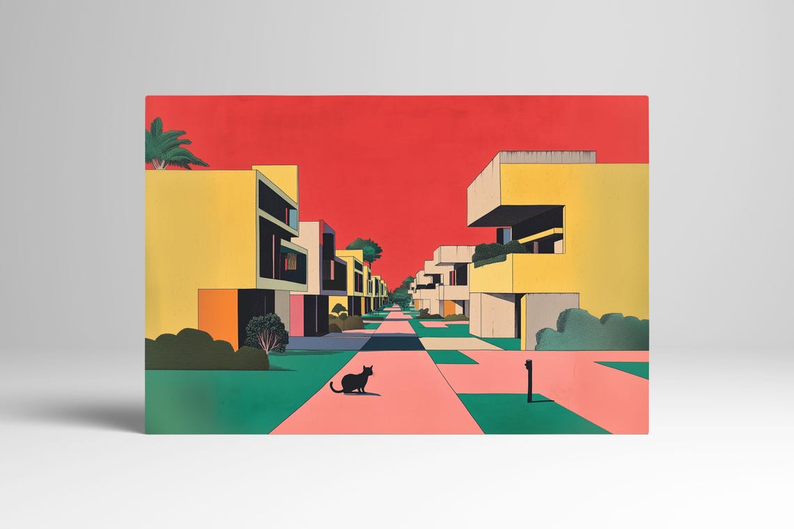 Modernist Architecture Street With Black Cat Under a Red Sky Poster - Image 3