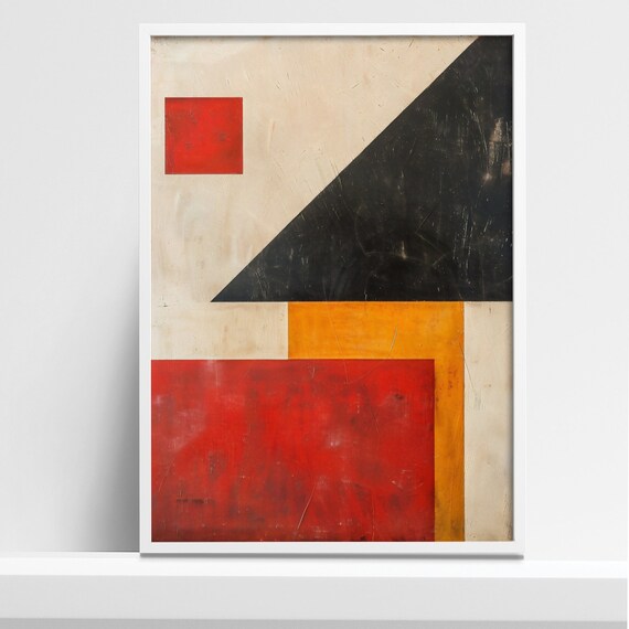 Modern Abstract Geometric Gicle Art Print Minimalist Red Black Yellow Shapes Contemporary Wall Decor For Home Or Office