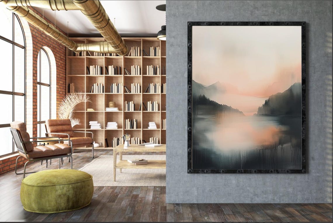 Misty Mountains in Soft Peach Haze Abstract Landscape Poster - Image 2