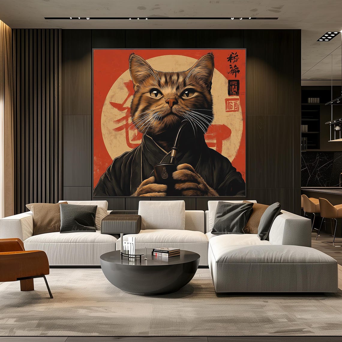 Orange Tabby Cat in Black Kimono Smoking a Pipe Edo Style Poster - Image 3