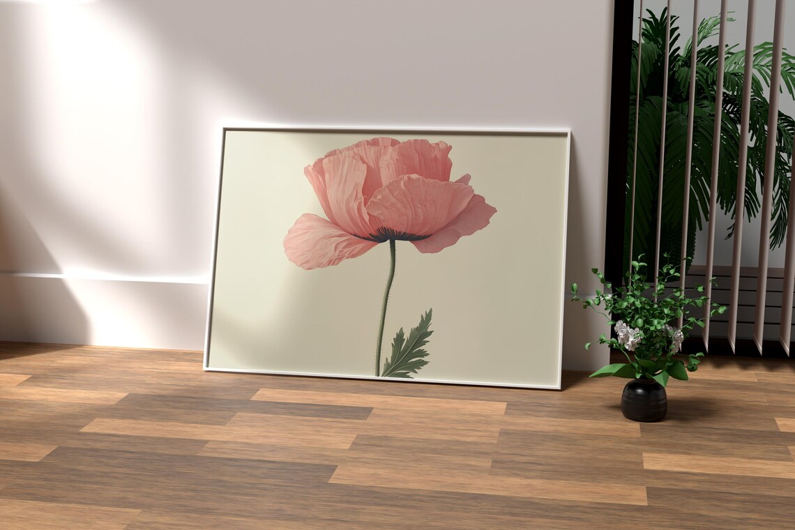 Pink Poppy Flower Botanical Illustration on Cream Paper Poster - Image 2
