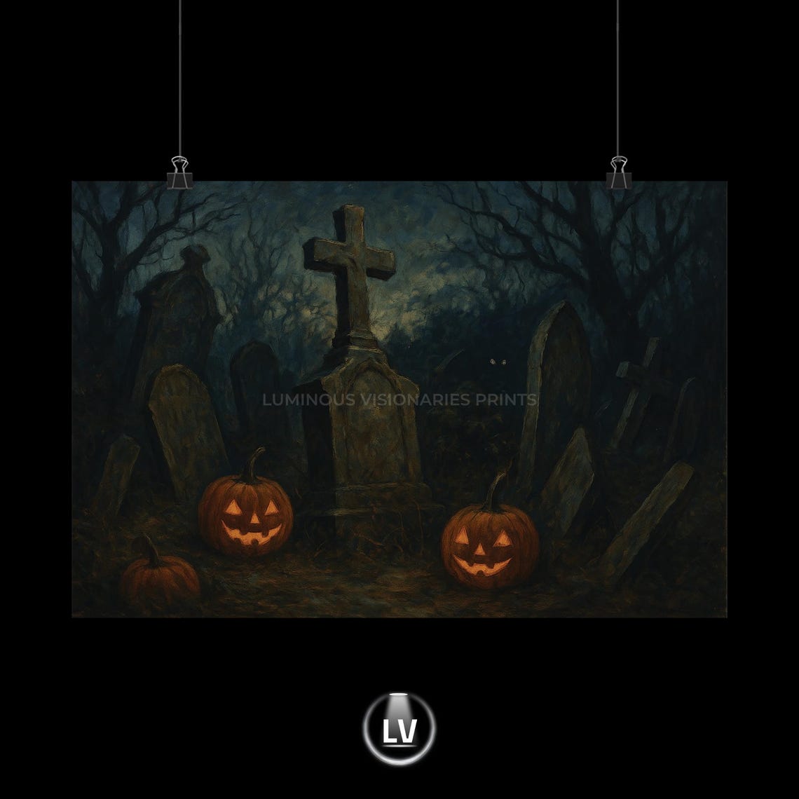 Jack O Lanterns Old Graveyard Stone Crosses Dark Halloween Poster