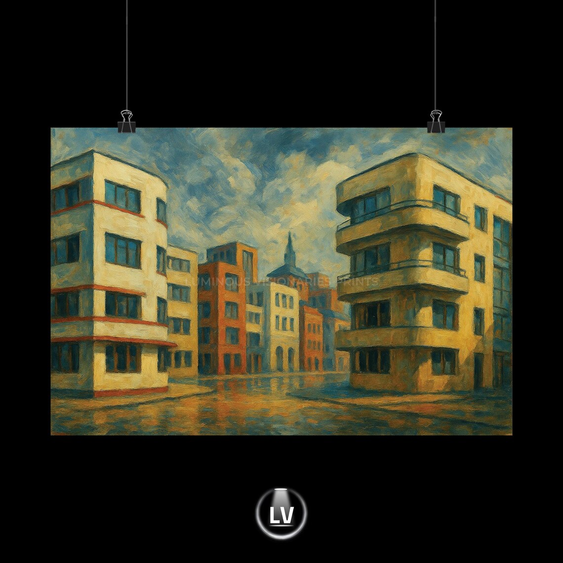 Modernist City Street Art Deco Buildings Oil Painting Art Poster