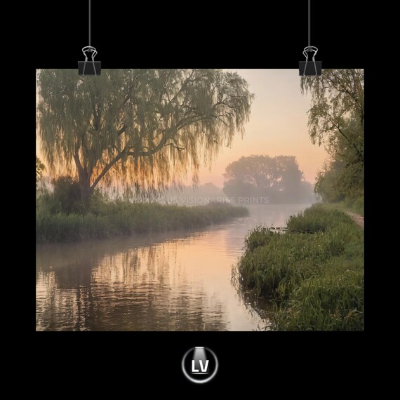 Misty River Willow Dawn Golden Reflection Tranquil Nature Poster