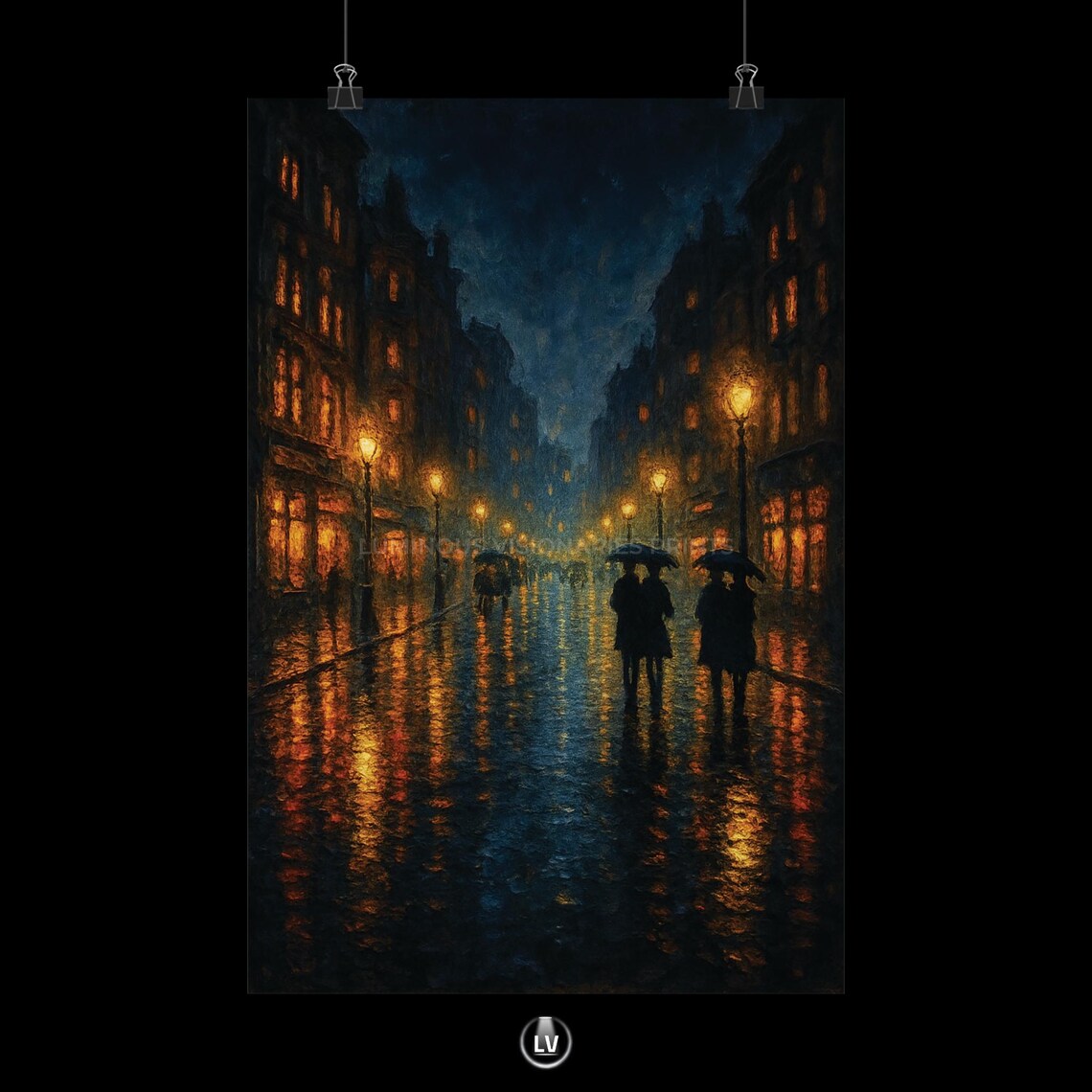 Rainy Night City Street Gas Lamps Umbrellas Vintage Oil Painting Poster