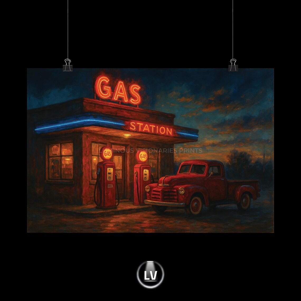 Vintage Gas Station Neon Sign Night Oil Painting Poster Retro Americana Art