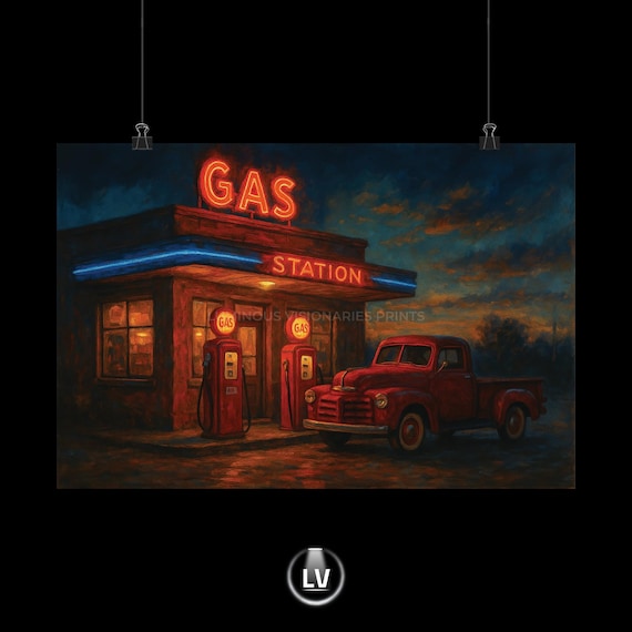 Vintage Gas Station Neon Sign Night Oil Painting Poster Retro Americana Art