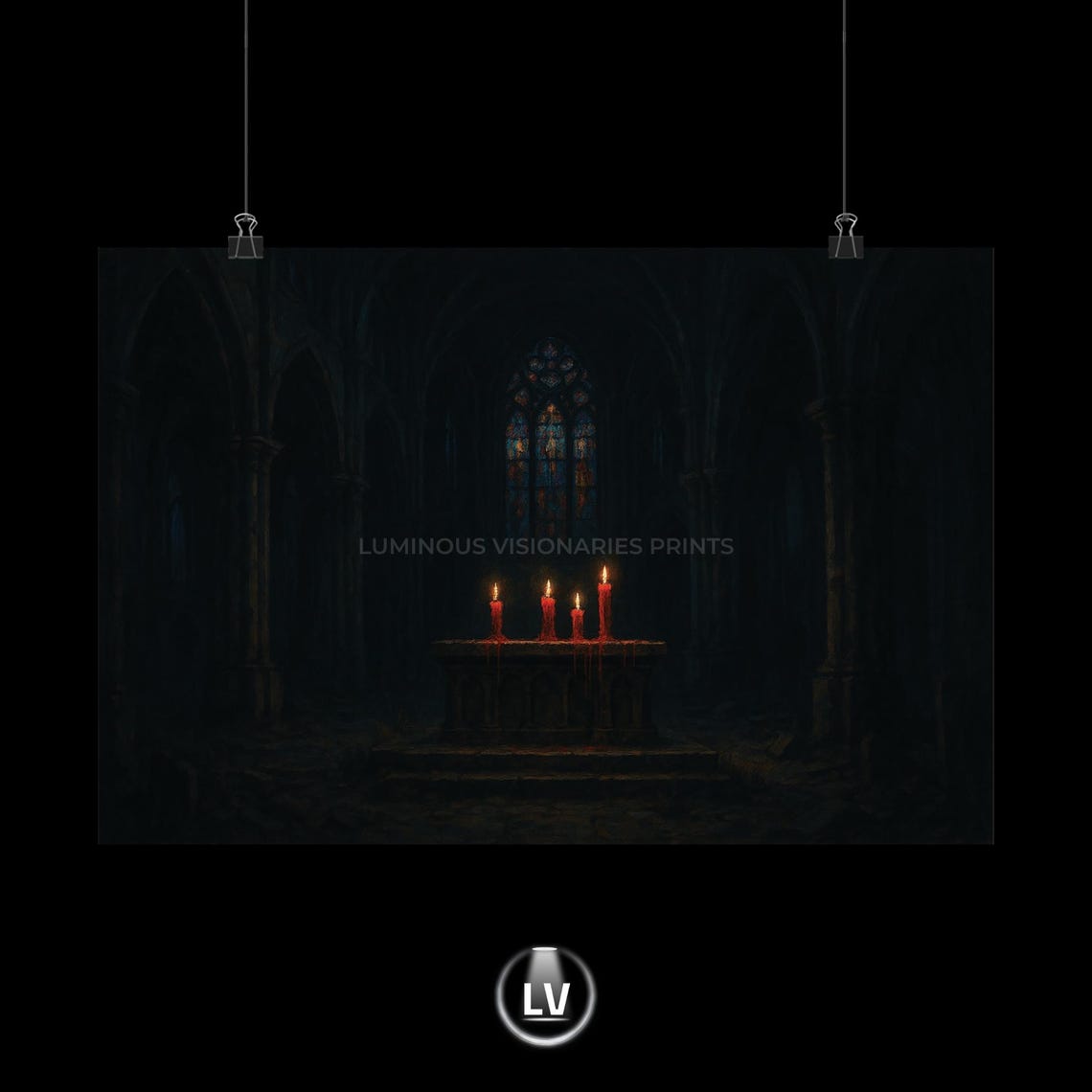 Dark Cathedral Red Candles Stone Altar Gothic Halloween Poster