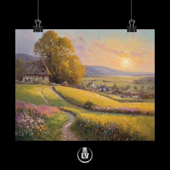 Thatched Cottage Sunset Poster Rolling Meadows and Wildflowers