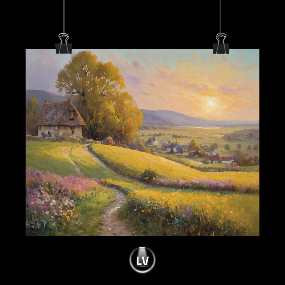 Thatched Cottage Sunset Poster Rolling Meadows and Wildflowers