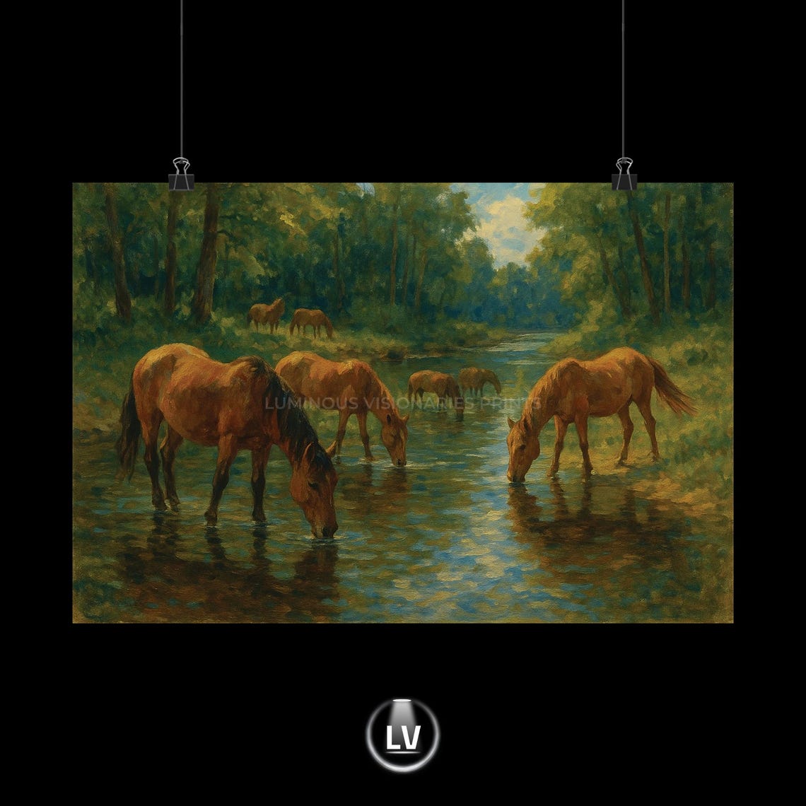 Horses Drinking from a Stream in Green Forest Oil Painting Poster