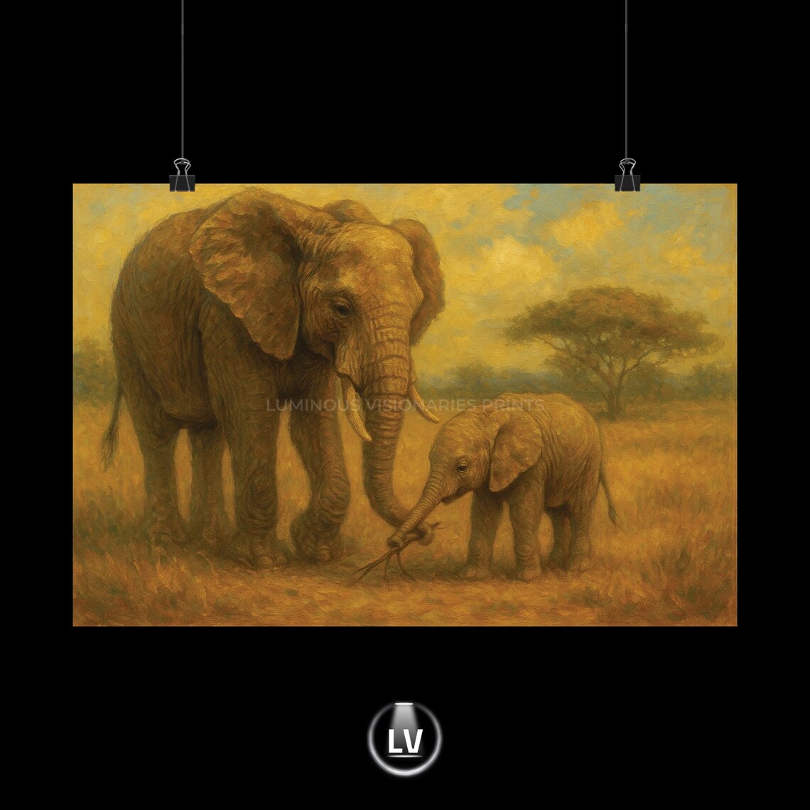 African Elephant Mother and Calf Golden Savanna Wildlife Art Poster