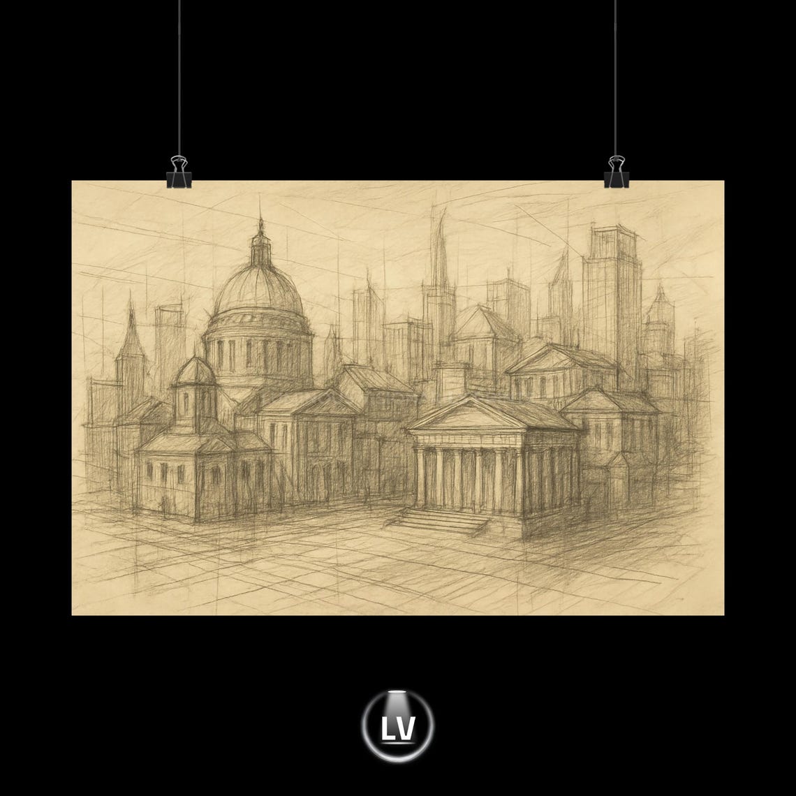 Classical Cityscape Architectural Pencil Sketch Hand Drawn Art Poster