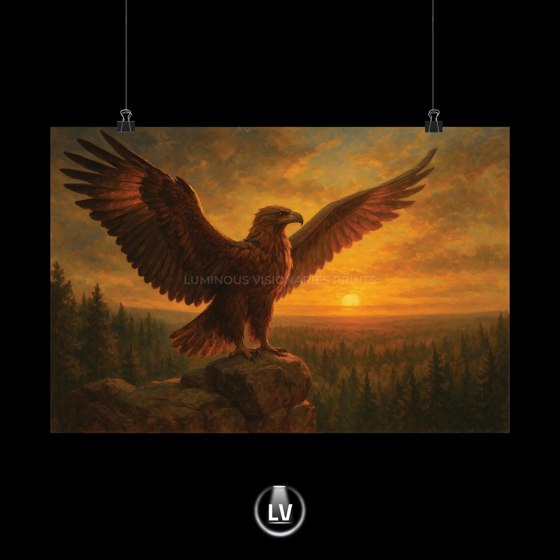 Majestic Eagle at Sunset Wings Spread Oil Painting Bird Poster