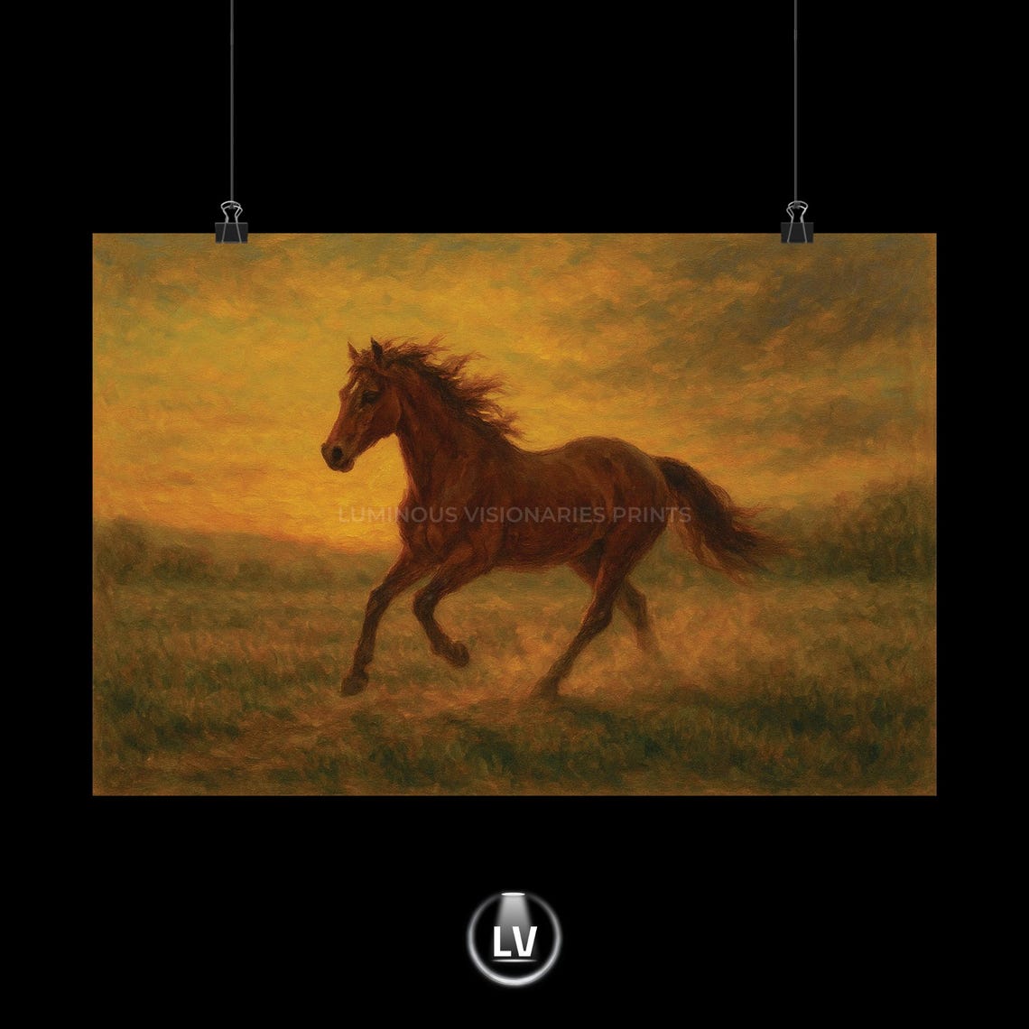 Chestnut Horse Running Sunset Painting Rustic Equestrian Art Print