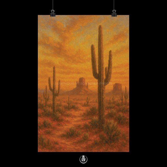 Desert Sunset Poster, Cactus Landscape