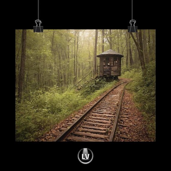 Abandoned Railway Poster Overgrown Forest Tracks and Old Watchtower