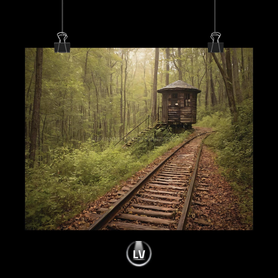 Abandoned Railway Poster Overgrown Forest Tracks and Old Watchtower