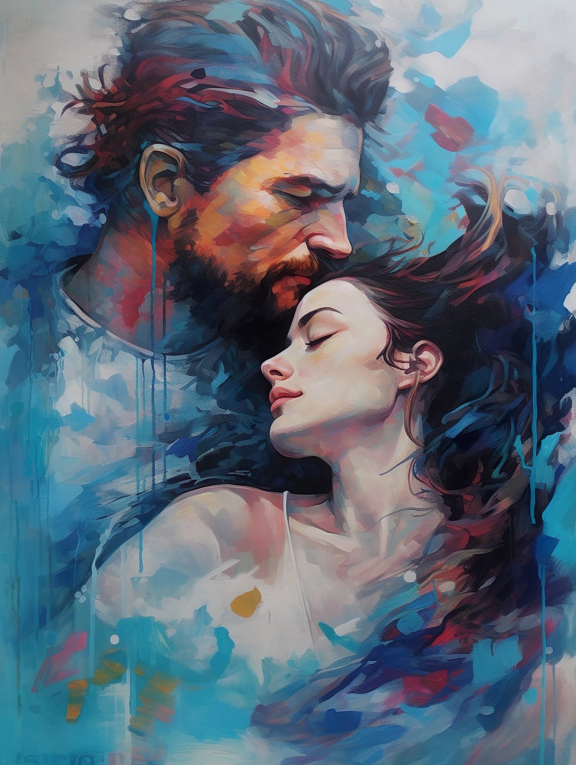 Abstract Blue Couple Embrace Romantic Love Oil Painting Poster