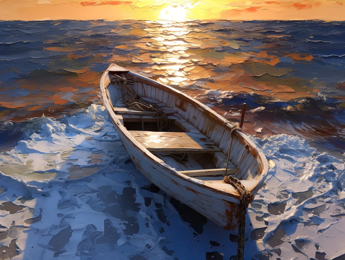 Small Wooden Boat Sunrise Ocean Textured Impasto Sea Painting Poster