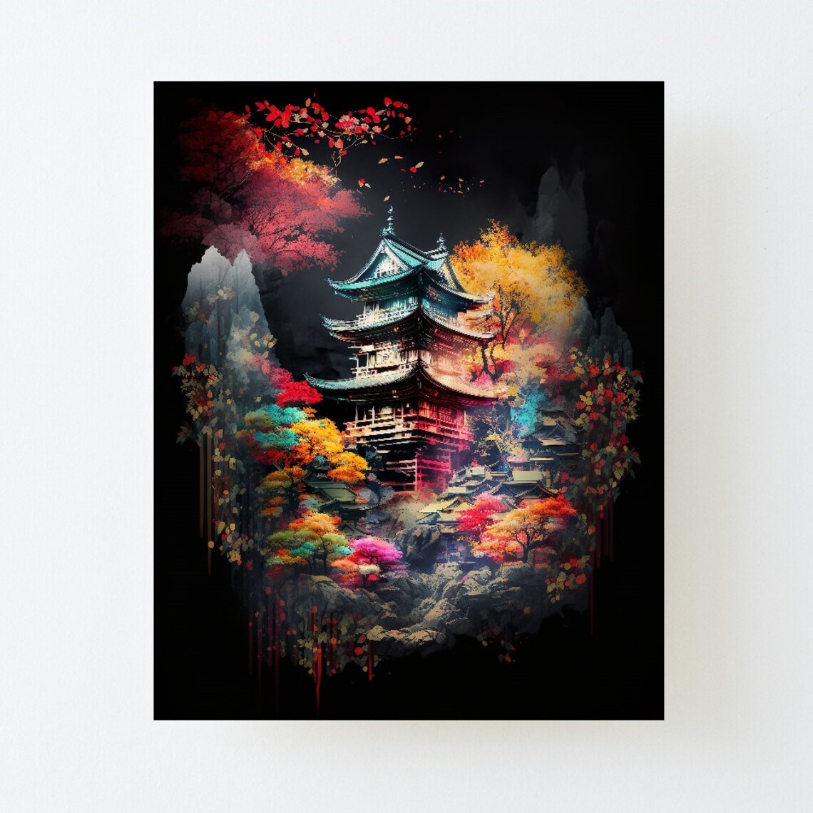 Colorful Japanese Pagoda Autumn Foliage Dark Background Art Poster