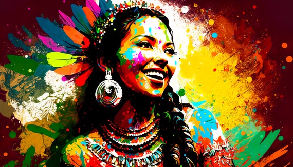 Happy Mayan Woman In Bright Colors Indigenous Wall Art Decoration Mural Oil Home
