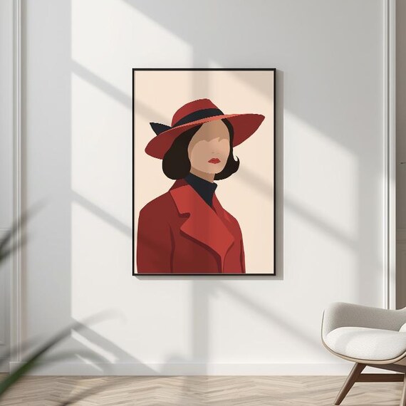 Minimalist Woman in Red Hat Modern Faceless Fashion Art Poster