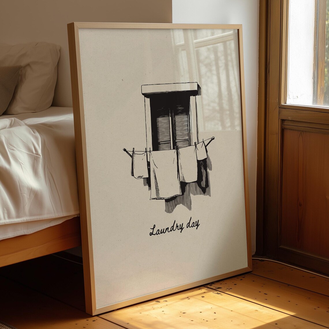 Ink Drawing Laundry Room Decor, Minimalist Window Art