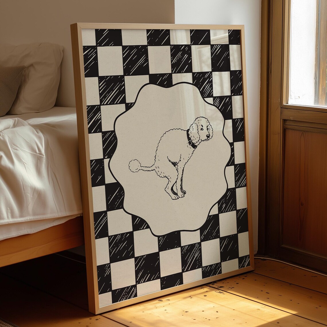 Funny Pooping Poodle Checkerboard Bathroom Minimalist Dog Humor Poster