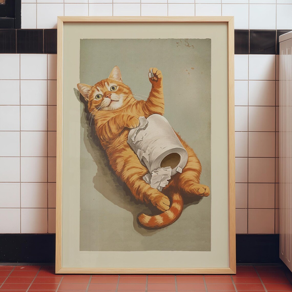 Orange Cat In Bathroom Retro Restroom Humor Poster