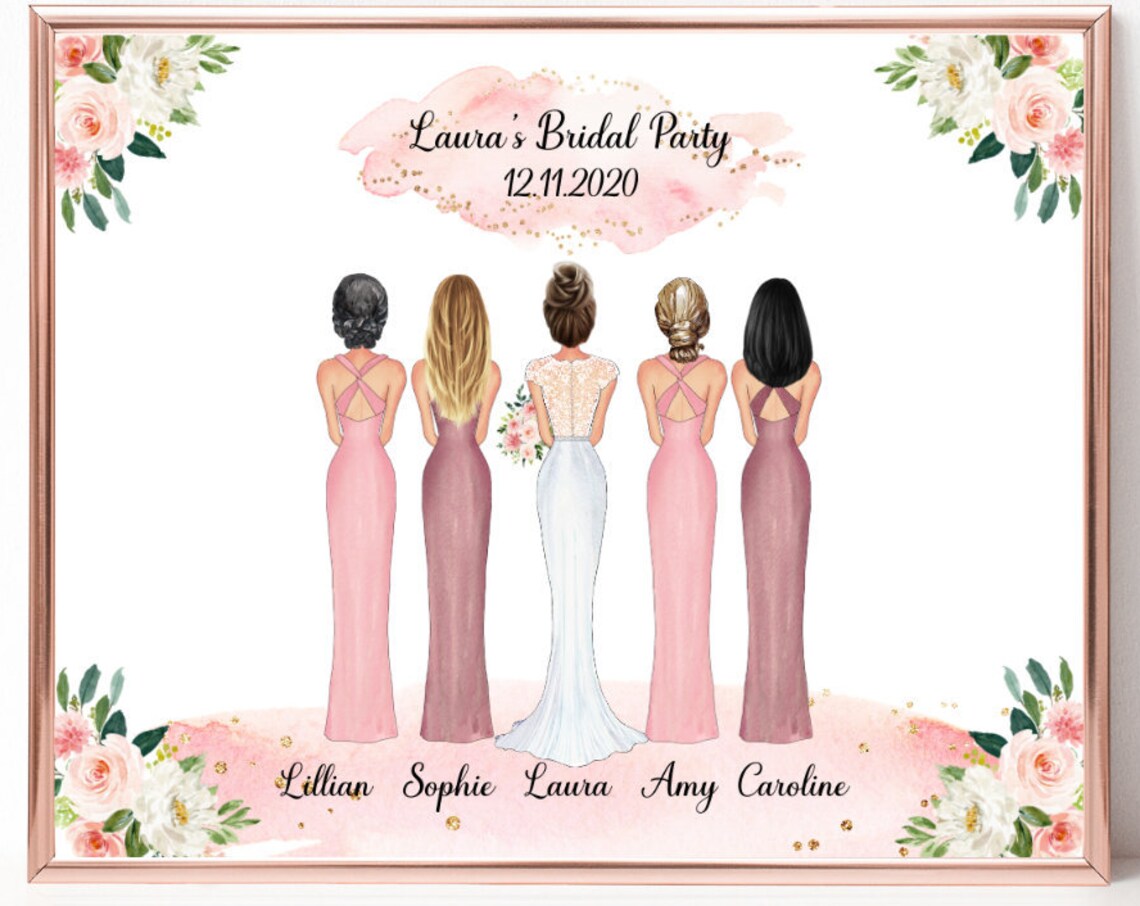 Bride With Four Bridesmaids From Behind Personalized Wedding Party Gift Poster